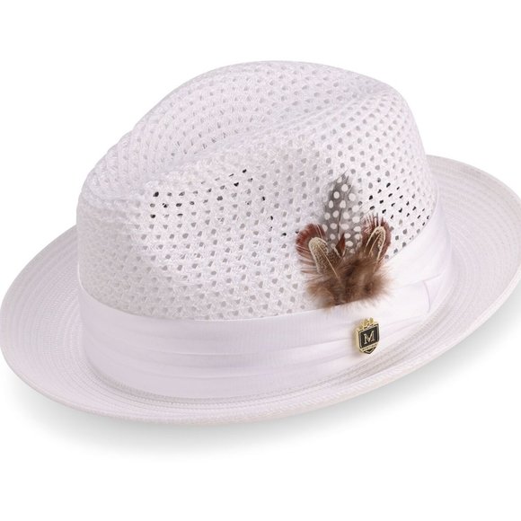 Montique WHITE Pinch Braided Fedora With Satin Ribbon BRIM 1 7/8h-34